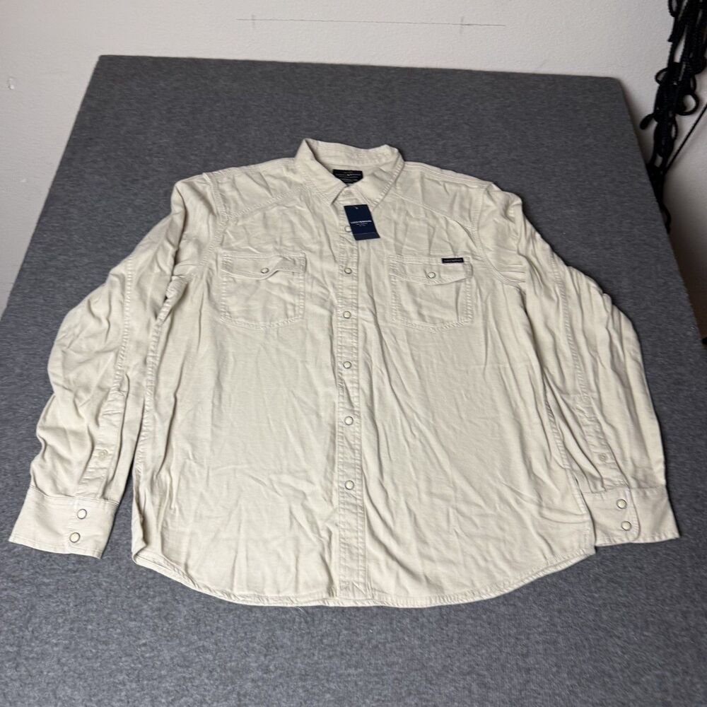 Lucky Brand Shirt Mens Large Khaki Pearl Snap Western Long Collared Stain*